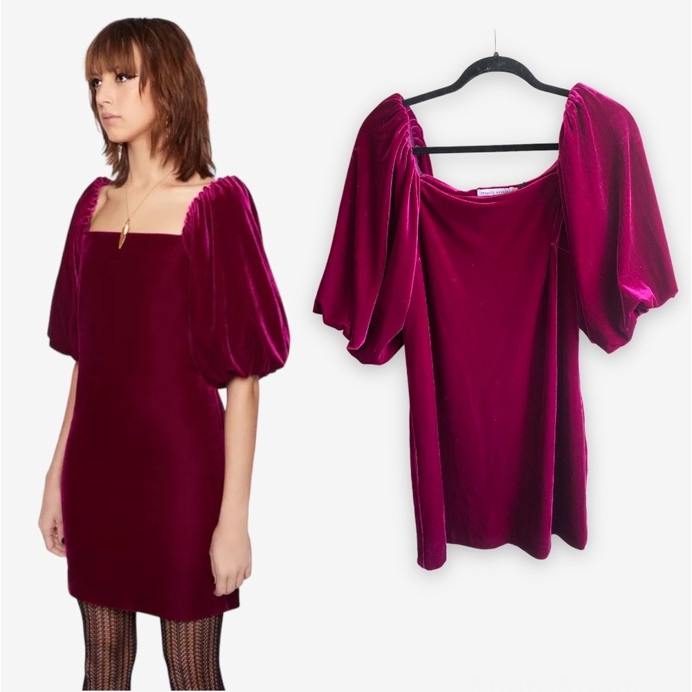 Rebecca Minkoff Vienne Dress in Fuschia Velvet Mini Dress Puff Sleeves Size L
